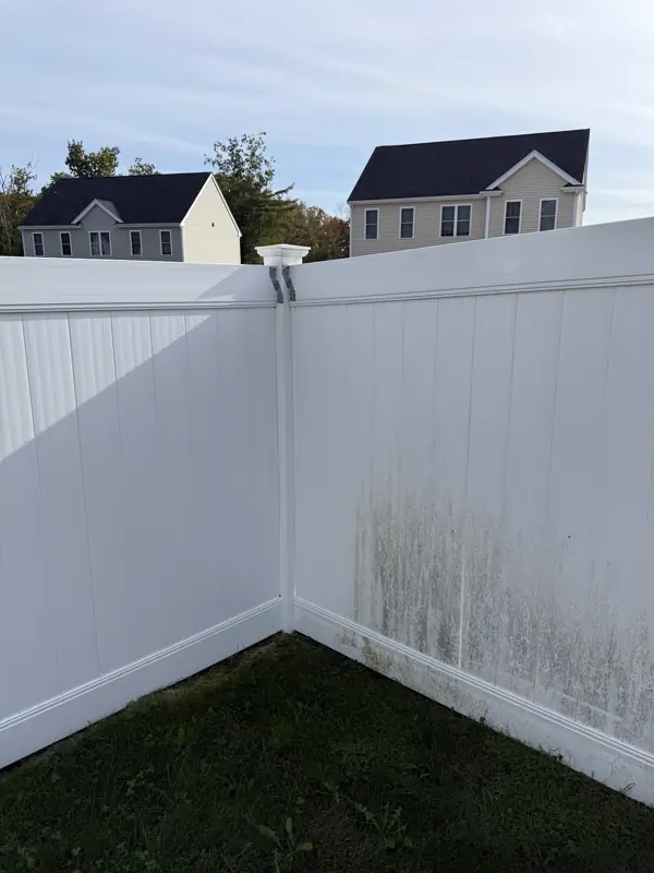 Vinyl fence half cleaned, algae still on one panel