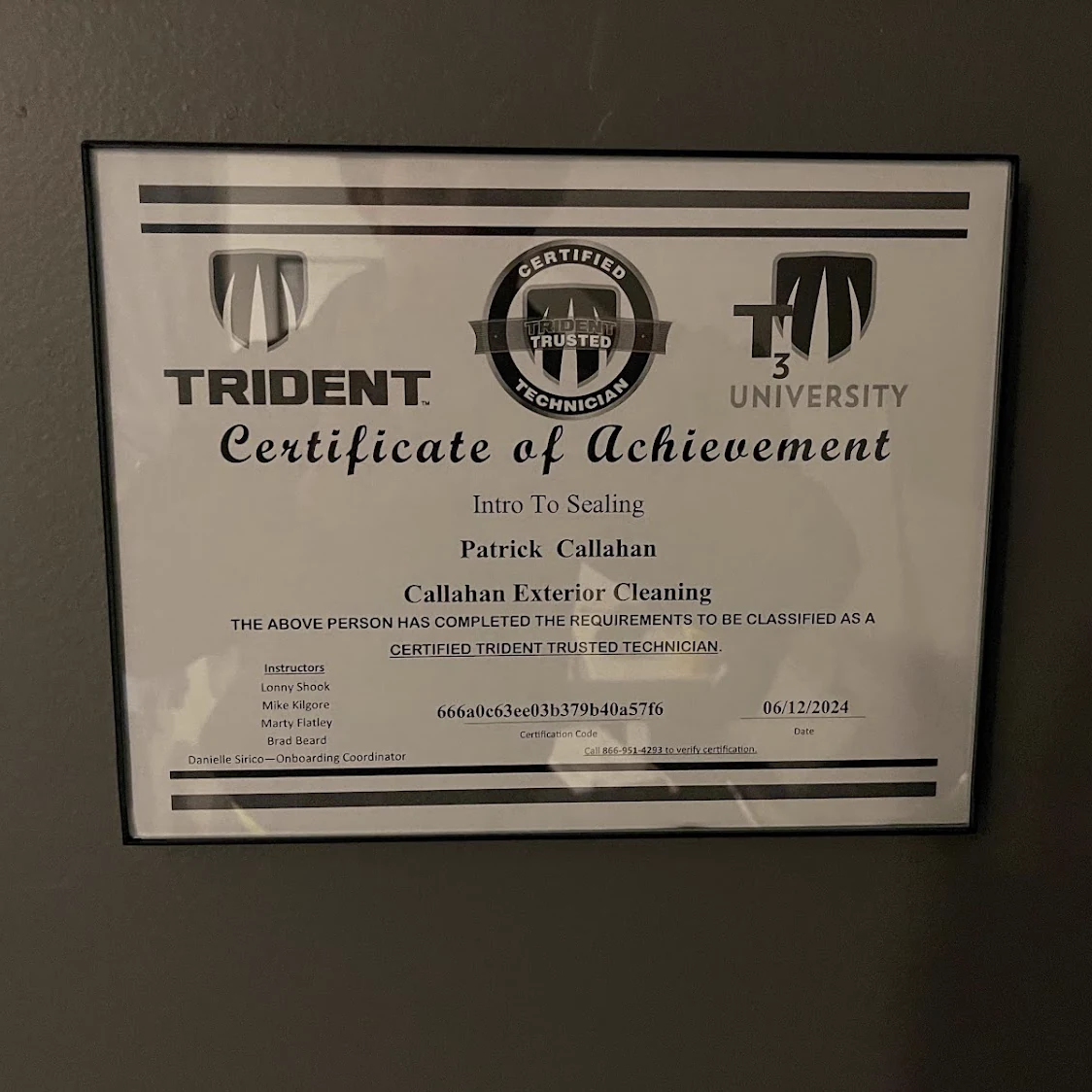 Soft wash and sealing training certificate earned by Patrick Callahan
